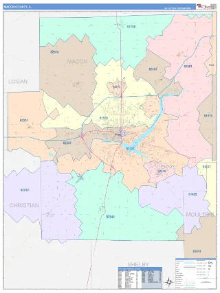 Macon County, IL ColorCast style ZIP Code wall map