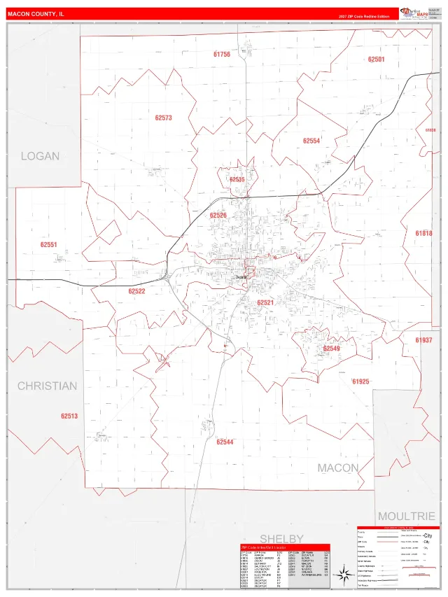 Macon County, IL ZIP Code Wall Map, RedLine style