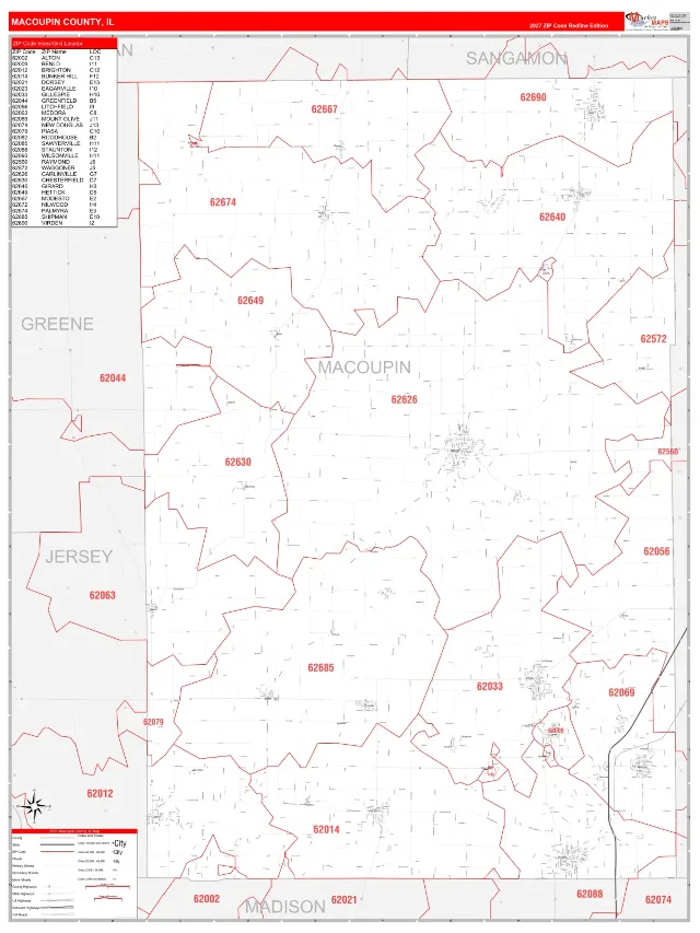 Macoupin County, IL ZIP Code Wall Map, RedLine style