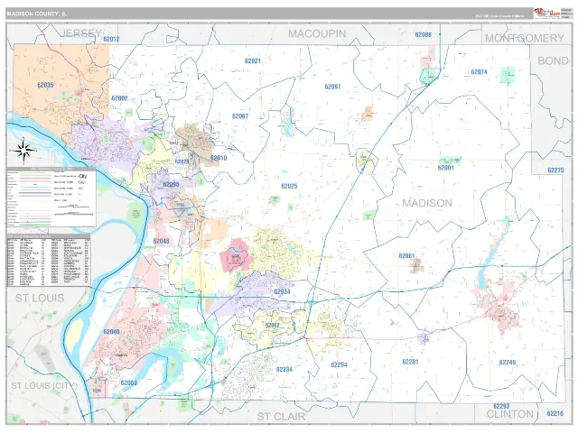 Madison County, IL ZIP Code Wall Map, Classic style