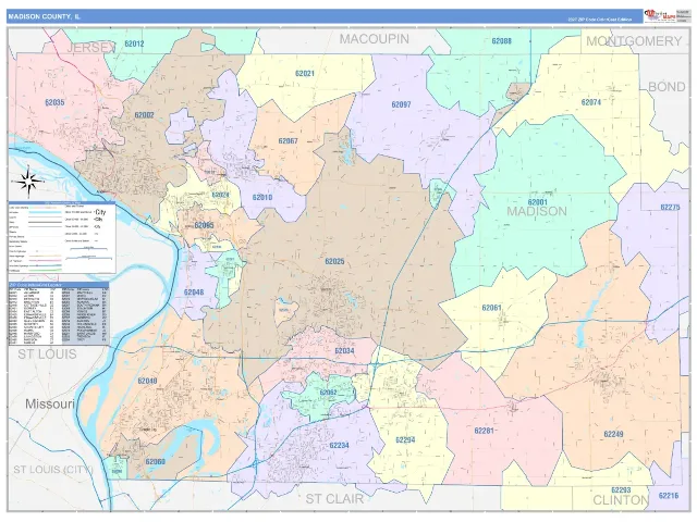 Madison County, IL ZIP Code Wall Map, ColorCast style