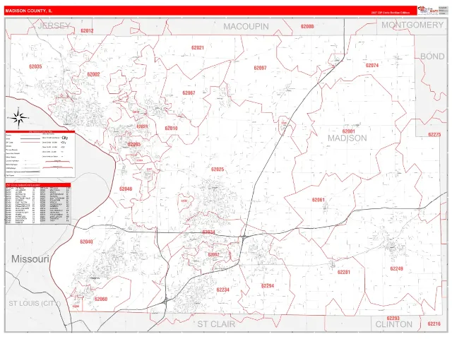 Madison County, IL ZIP Code Wall Map, RedLine style