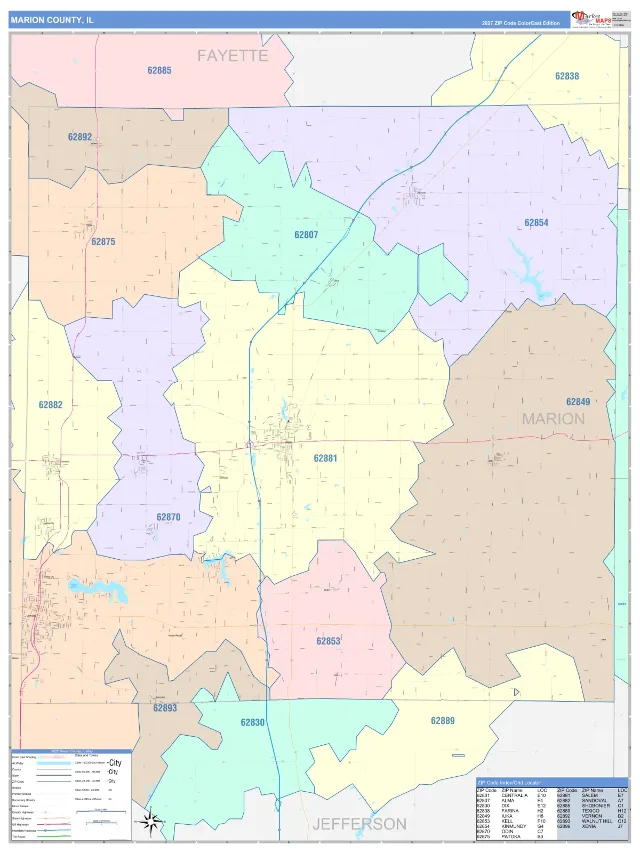 Marion County, IL ZIP Code Wall Map, ColorCast style