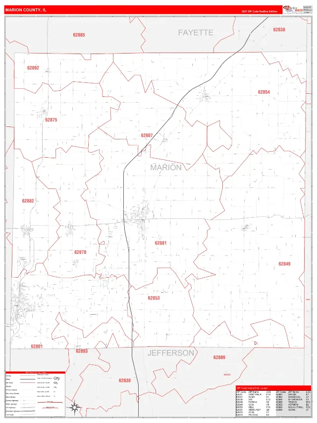 Marion County, IL ZIP Code Wall Map, RedLine style