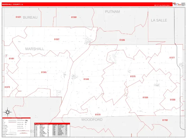 Marshall County, IL ZIP Code Wall Map, RedLine style