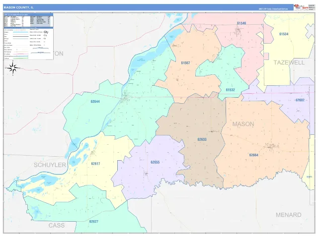 Mason County, IL ZIP Code Wall Map, ColorCast style