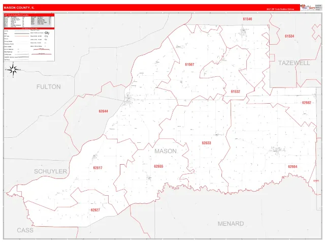 Mason County, IL ZIP Code Wall Map, RedLine style