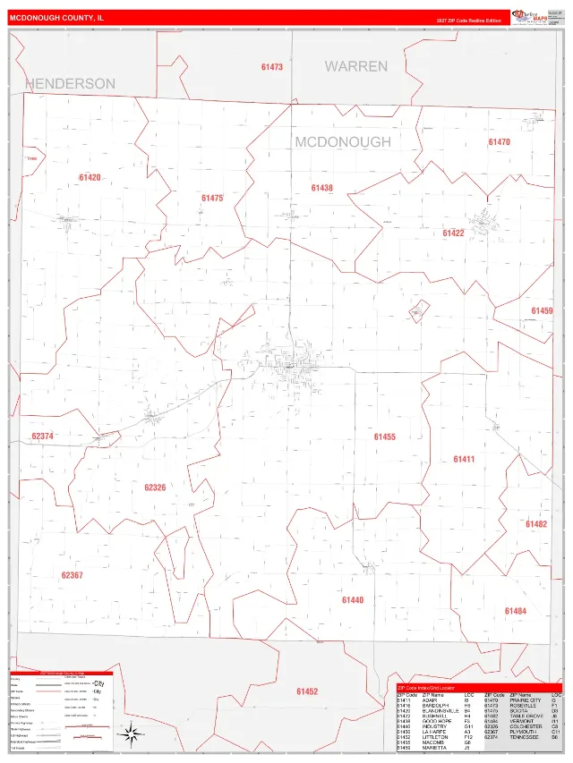 McDonough County, IL ZIP Code Wall Map, RedLine style