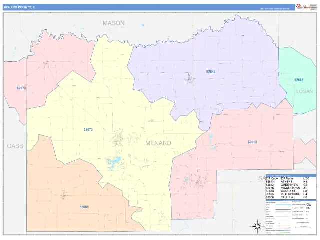 Menard County, IL ZIP Code Wall Map, ColorCast style
