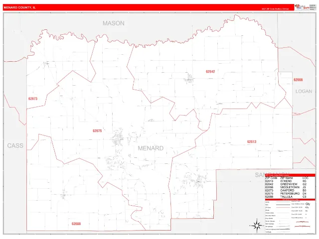 Menard County, IL ZIP Code Wall Map, RedLine style