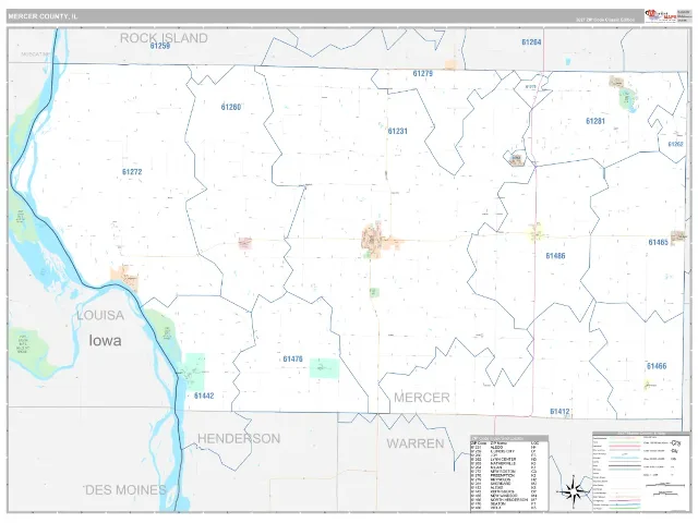 Mercer County, IL ZIP Code Wall Map, Classic style