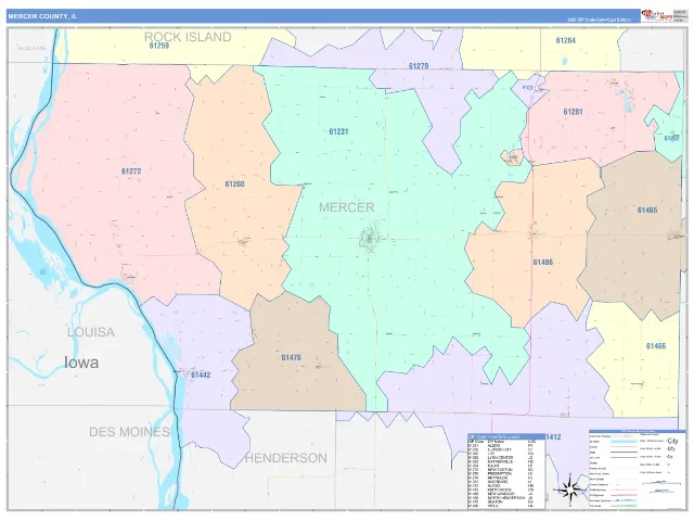 Mercer County, IL ZIP Code Wall Map, ColorCast style