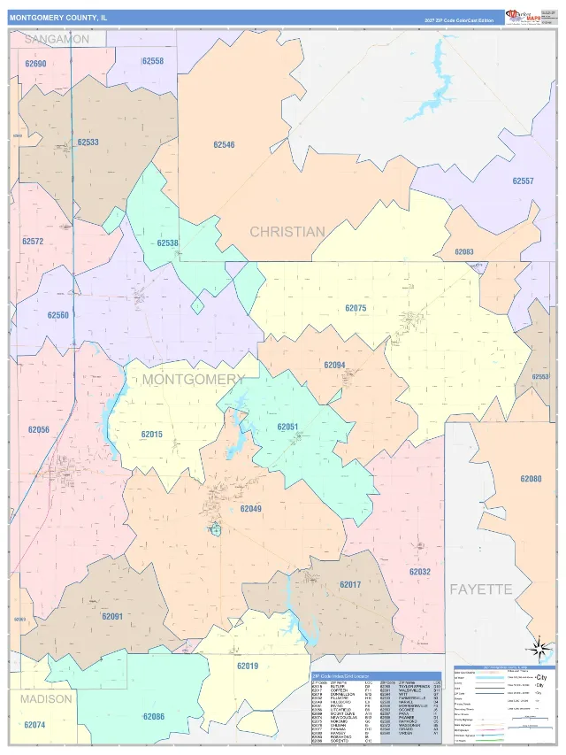 Montgomery County, IL ZIP Code Wall Map, ColorCast style