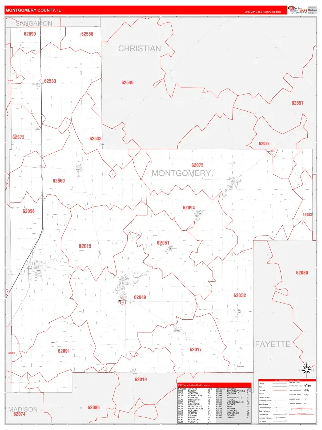 Montgomery County, IL ZIP Code Wall Map, RedLine style