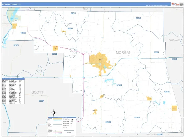 Morgan County, IL ZIP Code Wall Map, Business Reference style