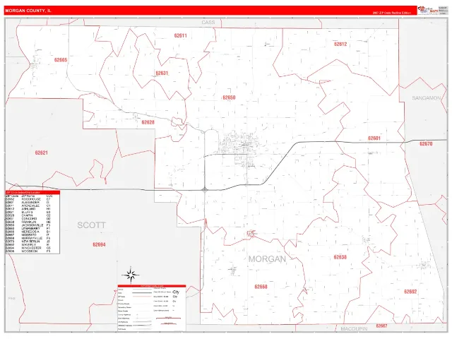 Morgan County, IL ZIP Code Wall Map, RedLine style