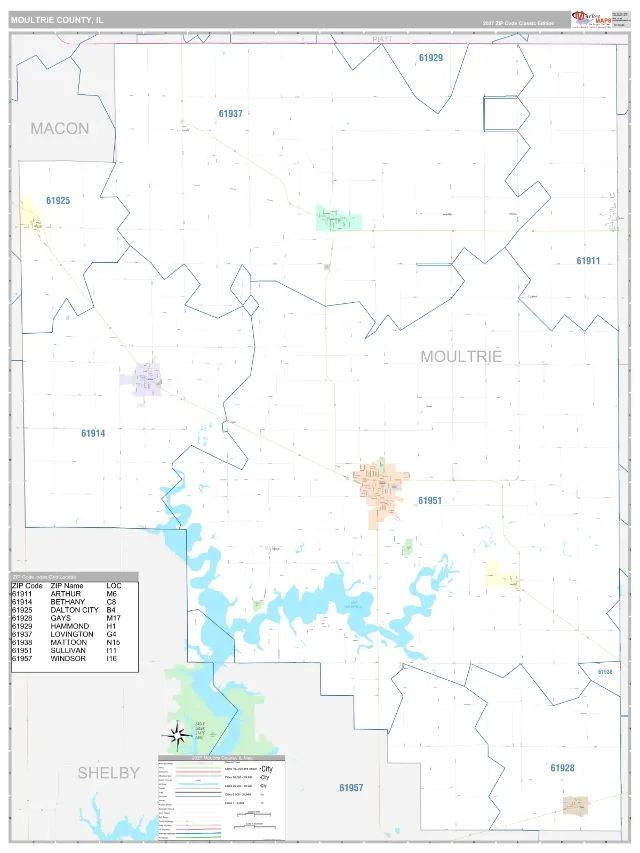 Moultrie County, IL ZIP Code Wall Map, Classic style