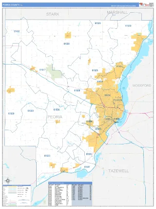 Peoria County, IL Business Reference style ZIP Code wall map