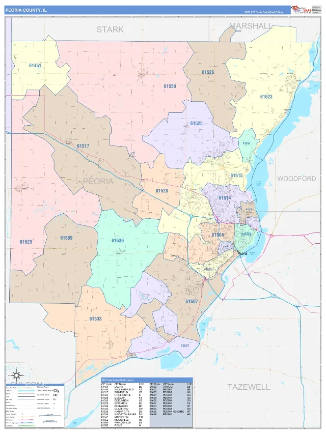 Peoria County, IL ZIP Code Wall Map, ColorCast style
