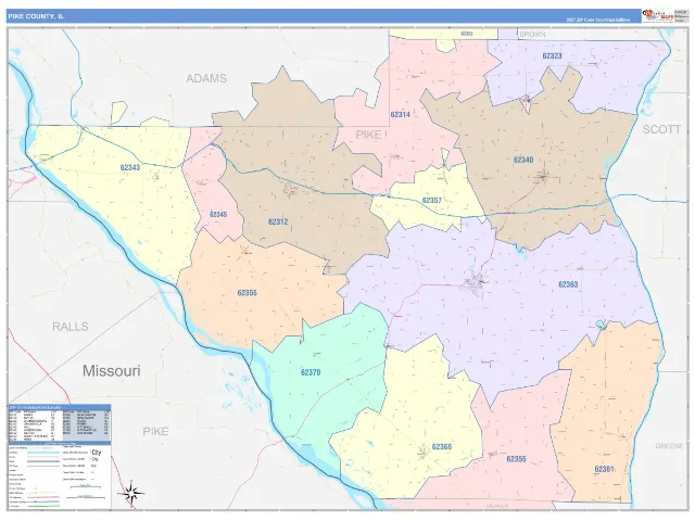 Pike County, IL ZIP Code Wall Map, ColorCast style