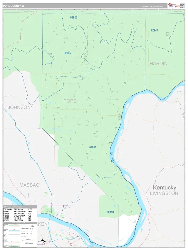 Pope County, IL ZIP Code Wall Map, Classic style
