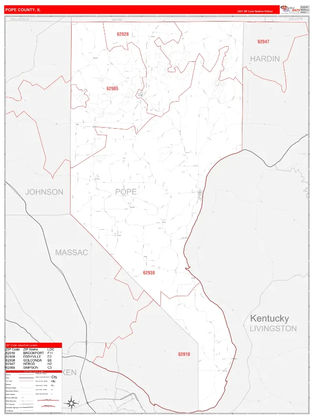 Pope County, IL ZIP Code Wall Map, RedLine style