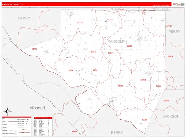 Randolph County, IL ZIP Code Wall Map, RedLine style