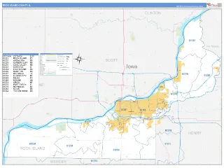 Rock Island County, IL Business Reference style ZIP Code wall map