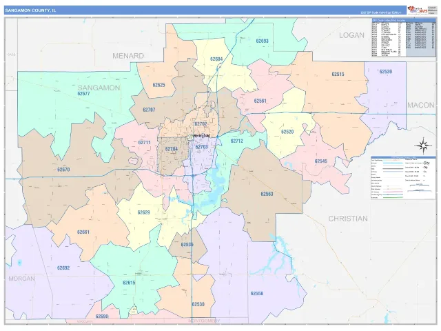 Sangamon County, IL ZIP Code Wall Map, ColorCast style