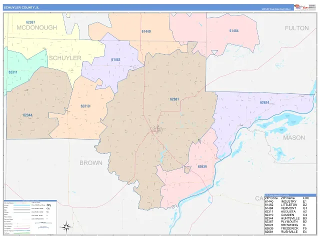 Schuyler County, IL ZIP Code Wall Map, ColorCast style