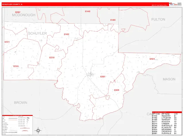 Schuyler County, IL ZIP Code Wall Map, RedLine style