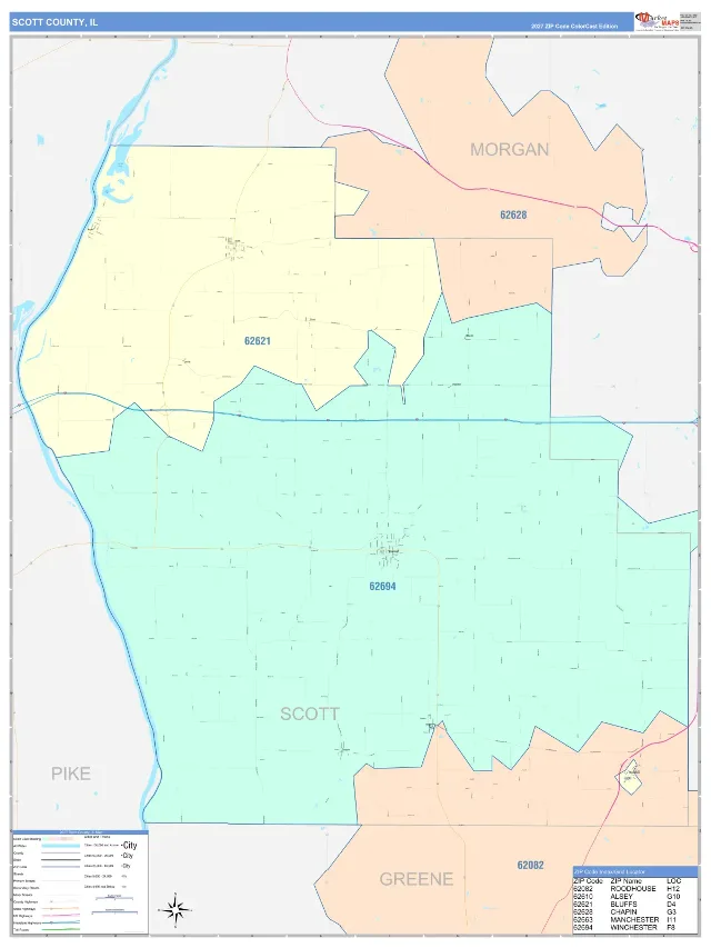 Scott County, IL ZIP Code Wall Map, ColorCast style