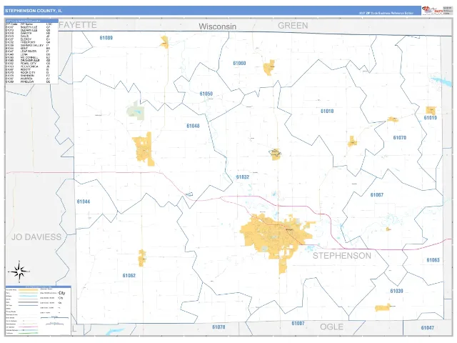 Stephenson County, IL ZIP Code Wall Map, Business Reference style