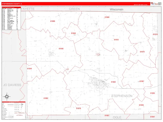 Stephenson County, IL ZIP Code Wall Map, RedLine style