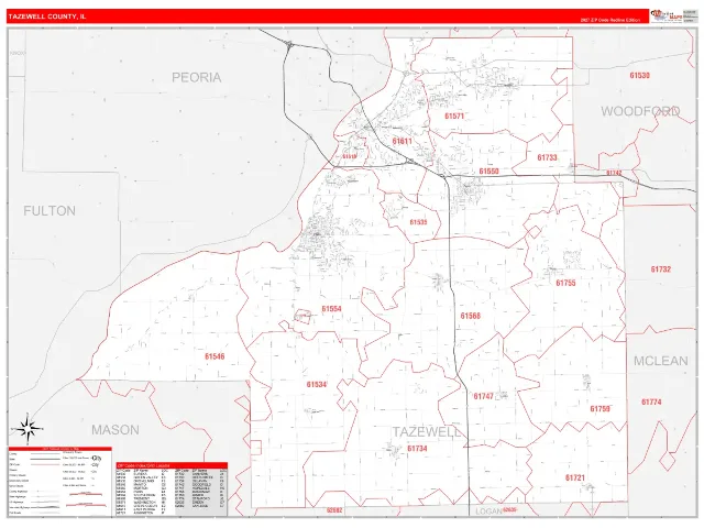Tazewell County, IL ZIP Code Wall Map, RedLine style