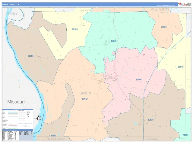 Union County, IL ZIP Code Wall Map, ColorCast style