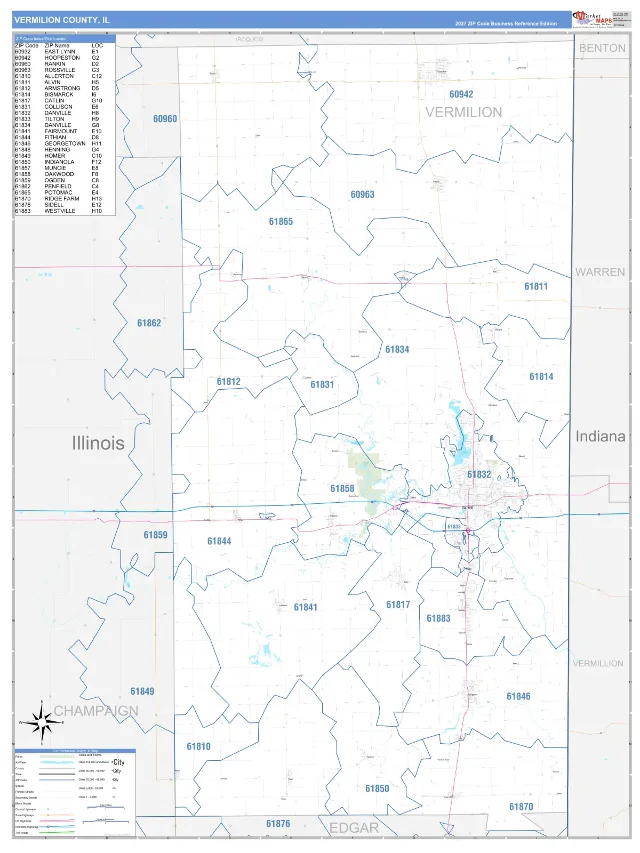 Vermilion County, IL ZIP Code Wall Map, Business Reference style