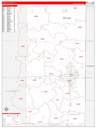 Vermilion County, IL RedLine style ZIP Code wall map