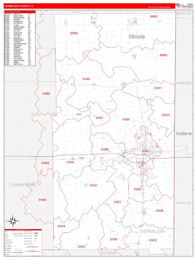 Vermilion County, IL ZIP Code Wall Map, RedLine style