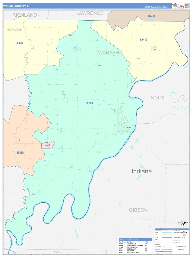 Wabash County, IL ZIP Code Wall Map, ColorCast style