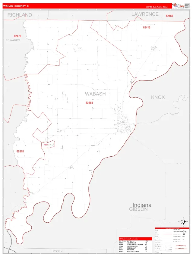 Wabash County, IL ZIP Code Wall Map, RedLine style