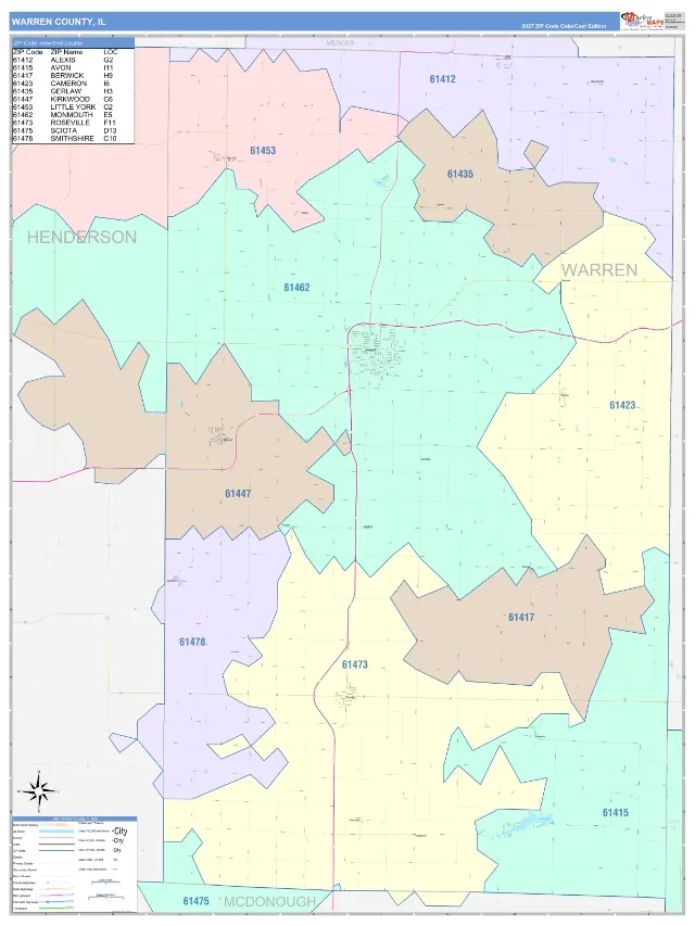 Warren County, IL ZIP Code Wall Map, ColorCast style