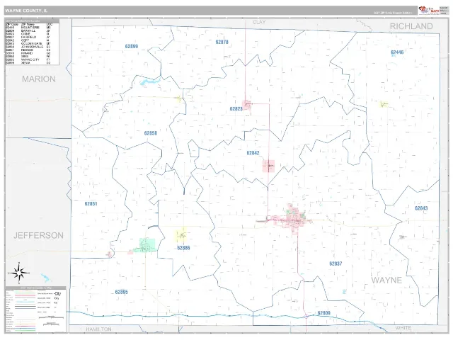 Wayne County, IL ZIP Code Wall Map, Classic style