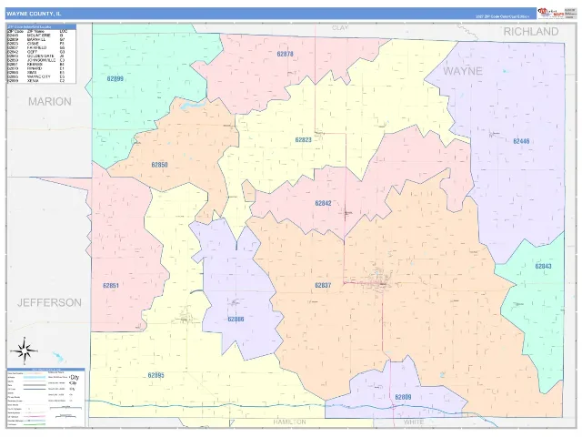 Wayne County, IL ZIP Code Wall Map, ColorCast style