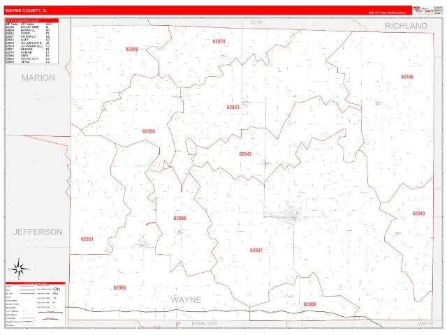 Wayne County, IL ZIP Code Wall Map, RedLine style