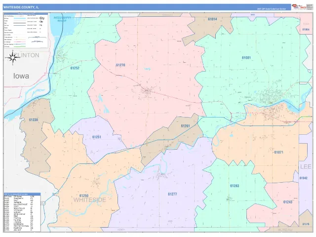 Whiteside County, IL ZIP Code Wall Map, ColorCast style