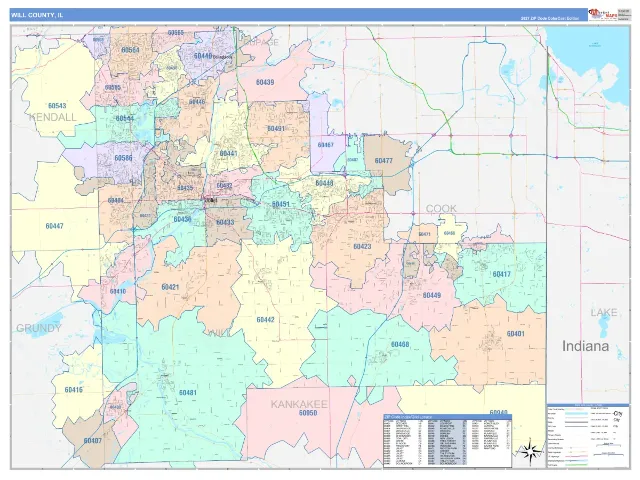 Will County, IL ZIP Code Wall Map, ColorCast style