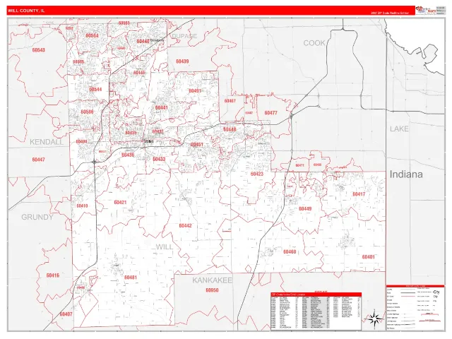Will County, IL ZIP Code Wall Map, RedLine style