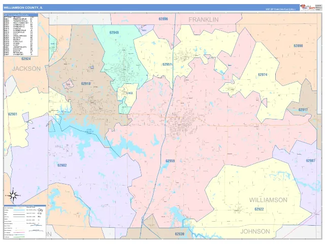 Williamson County, IL ZIP Code Wall Map, ColorCast style