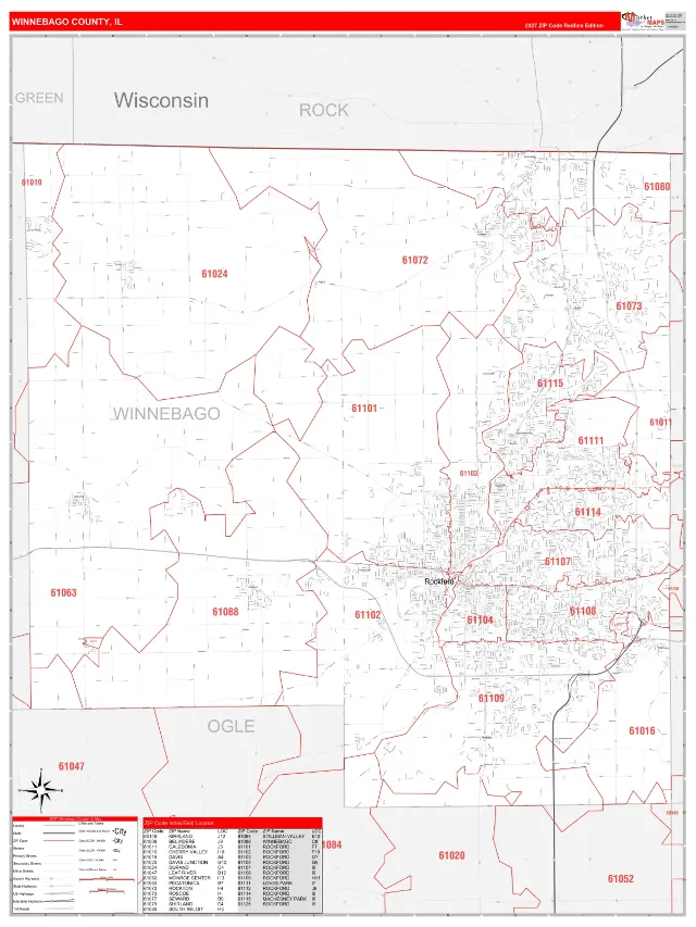 Winnebago County, IL ZIP Code Wall Map, RedLine style